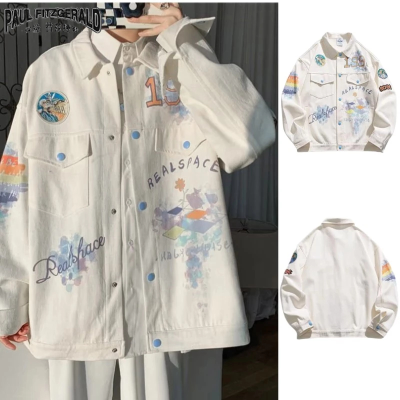 Paul Fitzgerald Graffiti เสื้อแจ็คเก็ตผู้ชายเวอร์ชั่นเกาหลีแฟชั่นใหม่การออกแบบหลวมความรู้สึกของการพิมพ์สีขั้นสูงLapel Denimเสื้อผ้านักเรียน