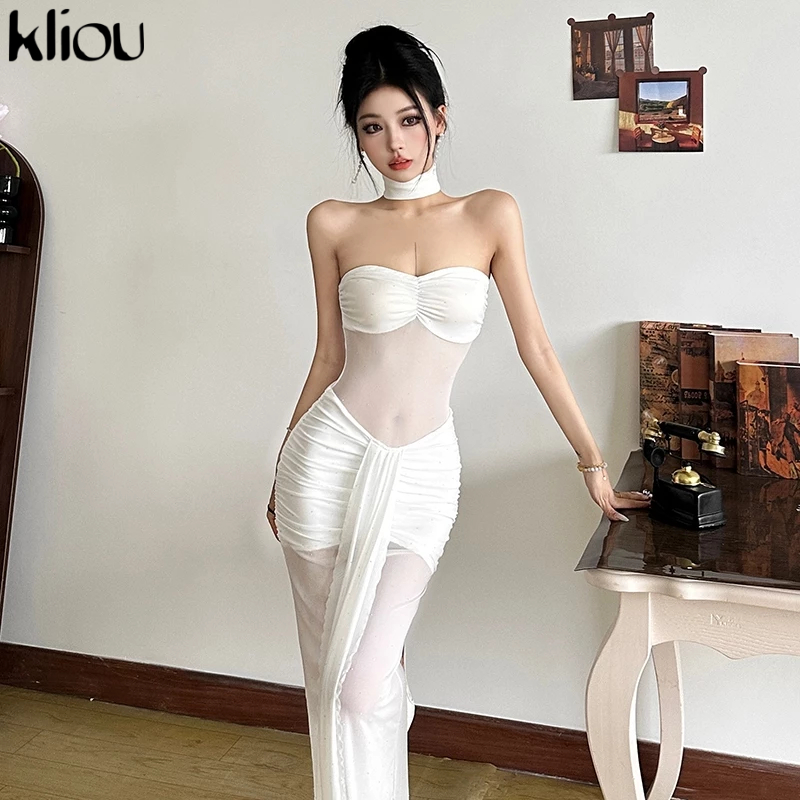 Kliou ไม่สม่ําเสมอรูปร่างชุด Skinny Ribbons Slash-คอตาข่ายSequins Hollow Outเซ็กซี่รูปเอวHip-CoveringดูSlimmerหวานเผ็ดสาว