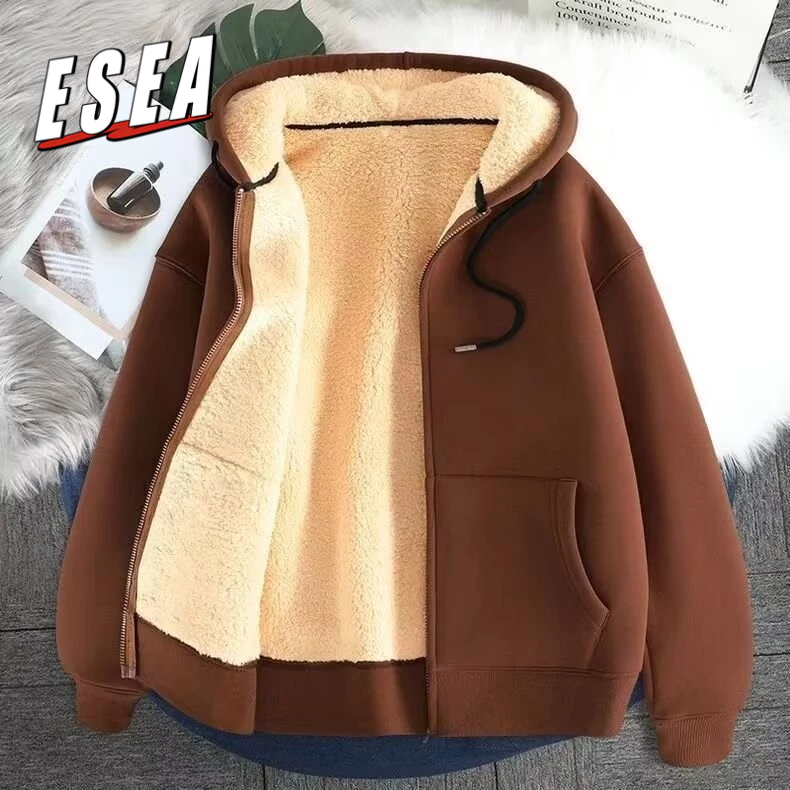Esea Lambswool เสื้อกันหนาวมีฮู้ดผู้ชายฤดูใบไม้ร่วงและฤดูหนาวเบาะกํามะหยี่หนาด้านบนหลวม