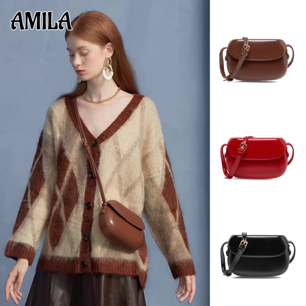 AMILA การออกแบบเดิม กระเป๋าสะพายข้างผู้หญิง สีลูกกวาด มันวาว หนังพียู กระเป๋าใส่มือถือ แฟชั่นใหม่