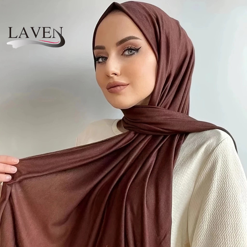 Laven มุสลิม Hijab สีทึบยืดหยุ่น Jersery ผ้าฝ้ายผ้าคลุมไหล่ผ้าพันคอผู้หญิง Jersey ผ้าพันคอ Foulard ผ้าฝ้าย Headscarf