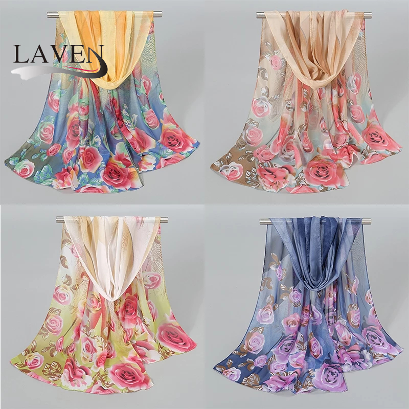 LAVEN Rose Printed Shawl Chiffon Shawl Scarf Thin Floral Hijab Neck Scarf Women Printed Chiffon Hija