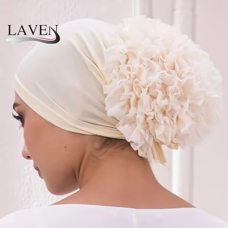 Laven ลูกไม้ดอกไม้พรีเมี่ยมด้านใน Hijab สีทึบมุสลิม Instant Hijab คริสตัลผ้าลินินดอกไม้โบว์ Headscarf Undercap