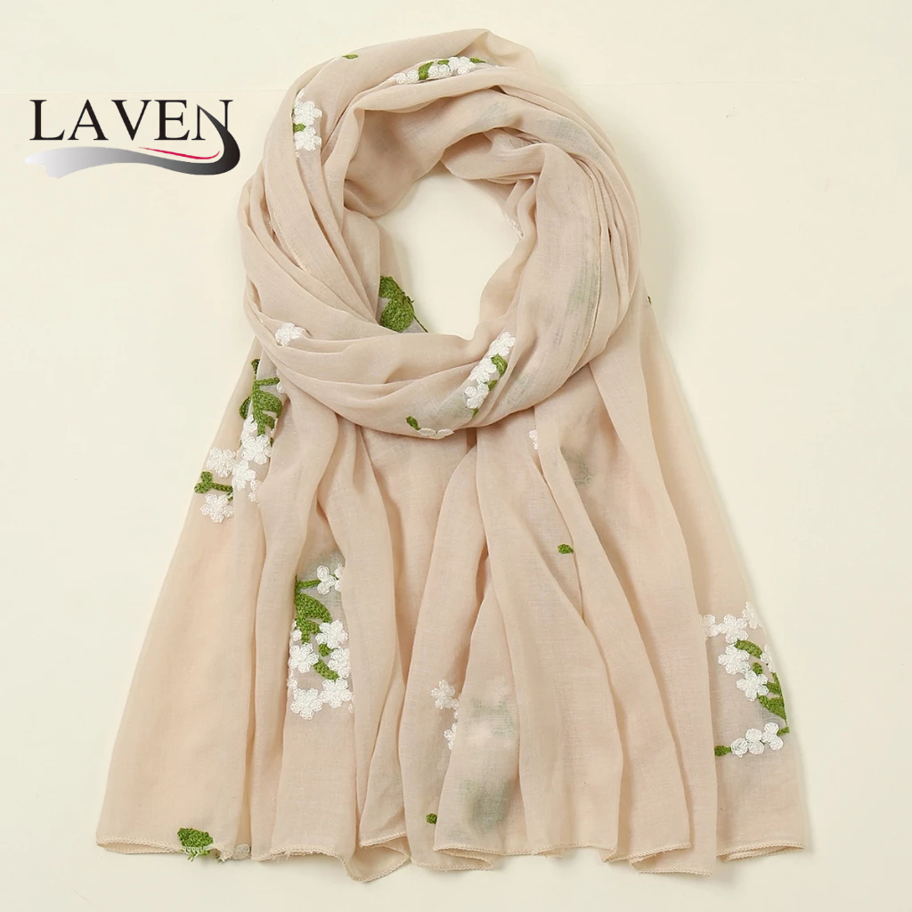 LAVEN ดอกไม้ Sulam เย็บปักถักร้อยผ้าคลุมไหล่ผ้าฝ้ายนุ่มผ้าพันคอฮิญาบ All Match แฟชั่นผู้หญิง Headscarf Tudung