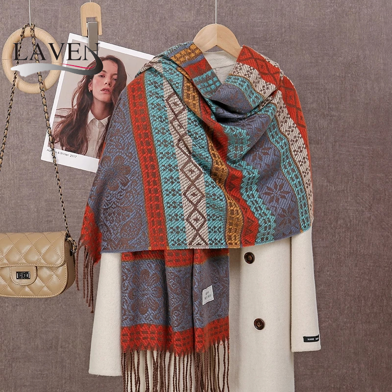 Laven Vintage Rhombus ชาติพันธุ์ผ้าคลุมไหล่ Jacquard ผ้าพันคอแคชเมียร์พู่ผ้าพันคอสบายสําหรับผู้หญิง