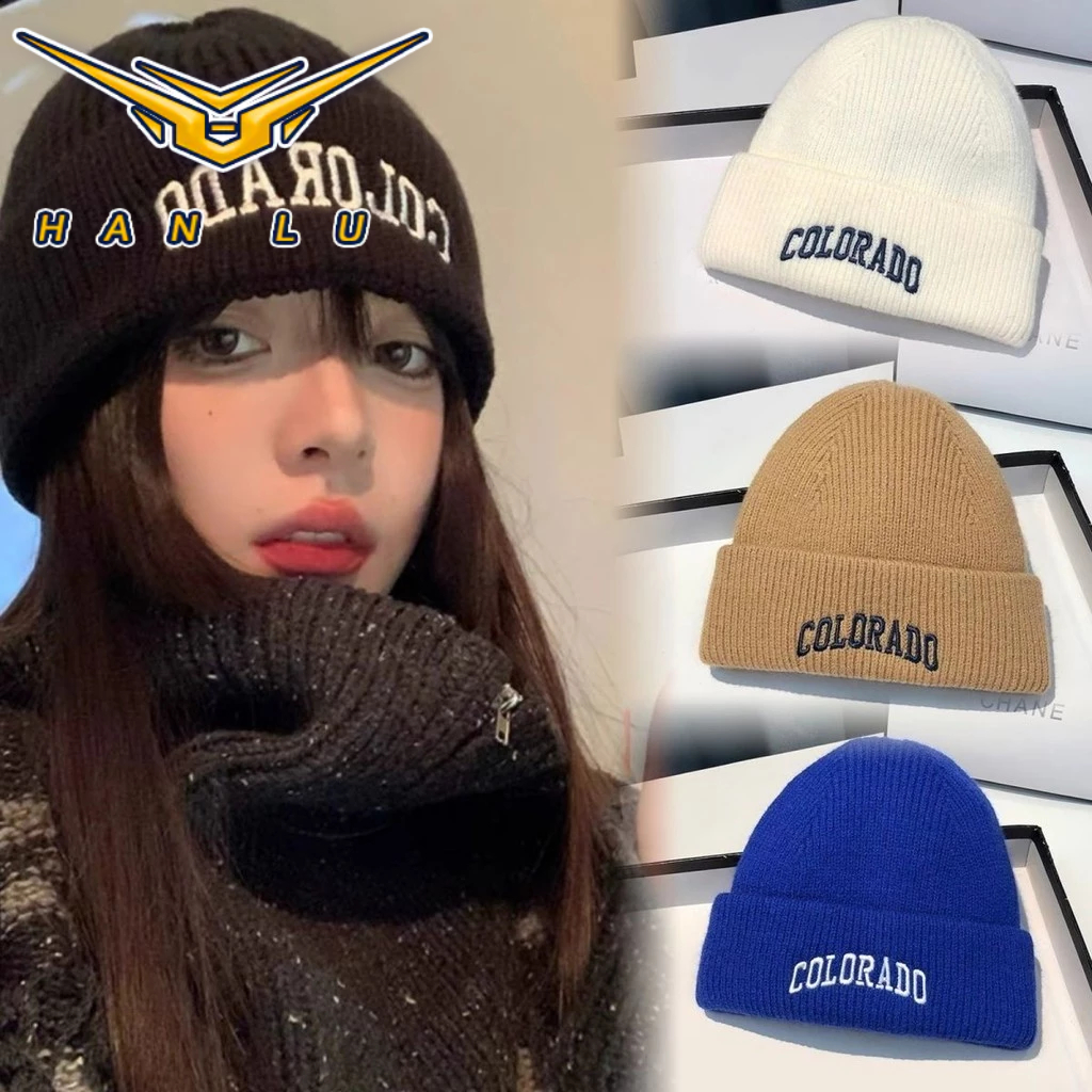HANLU  ถักหมวกทําด้วยผ้าขนสัตว์ฤดูหนาวสไตล์เกาหลีเย็บปักถักร้อยคู่