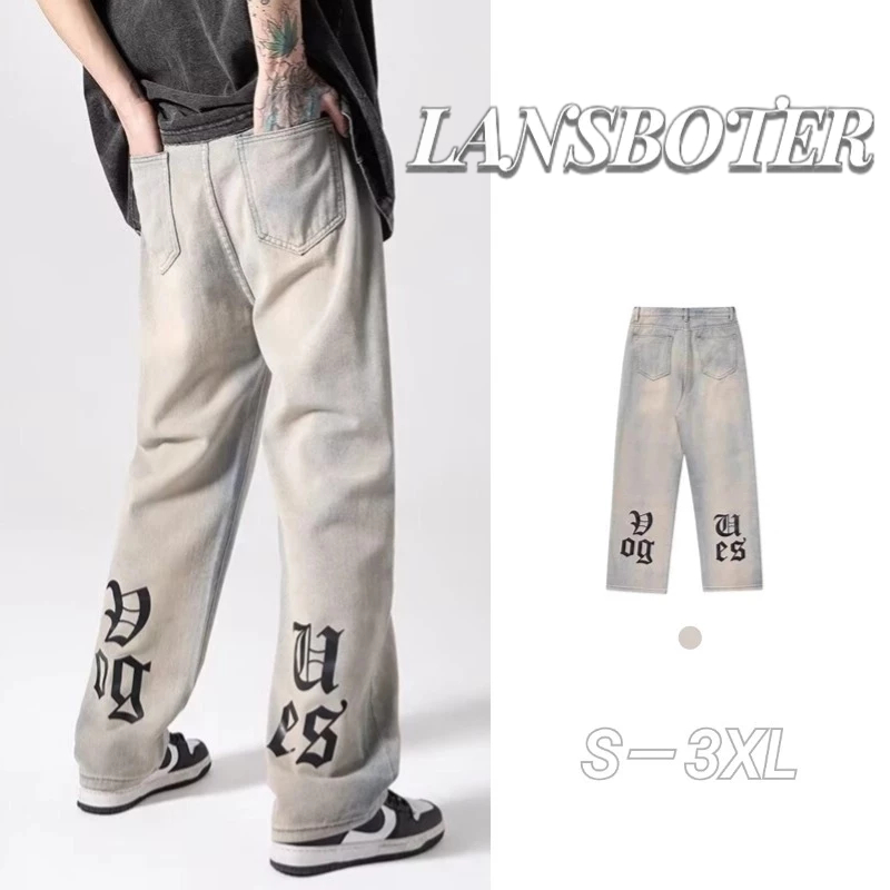 LANSBOTER กางเกงยีนขายาว ทรงตรง ทรงหลวม พิมพ์ลาย สีเหลือง แฟชั่นฤดูใบไม้ผลิ และฤดูใบไม้ร่วง สไตล์เรโทร สําหรับผู้ชาย