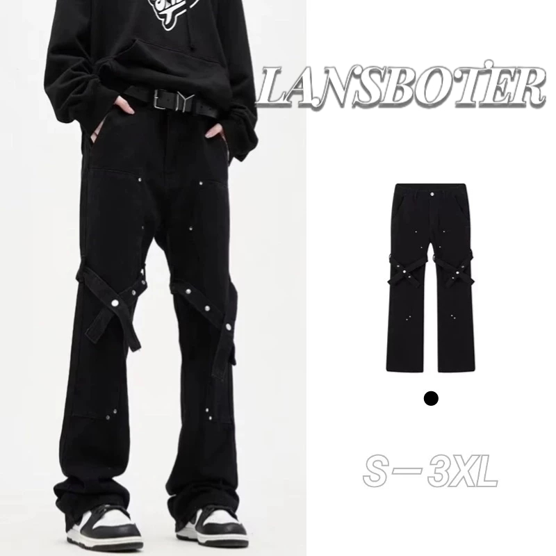 Lansboter กางเกงยีนขายาวลําลอง ทรงตรง สีดํา แฟชั่นฤดูใบไม้ผลิ และฤดูใบไม้ร่วง สไตล์เรโทร สําหรับผู้ชาย