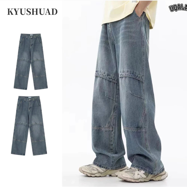 KYUSHUAD กางเกงถูพื้นล้างกระเป๋าขากว้างเย็บสีน้ำเงิน กางเกงยีนส์ทรงตรงเรโทรใหม่