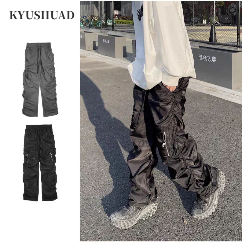 KYUSHUAD กางเกงทรงหลวมสไตล์ฮิปฮอปของผู้ชาย, กางเกงแมลงจีบสไตล์อเมริกันย้อนยุคไฮสตรีท,