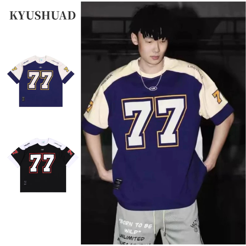 Kyushuad ผู ้ ชายแขนสั ้ นอเมริกันย ้ อนยุคพิมพ ์ ดิจิตอลสไตล ์ วิทยาลัยอินเทรนด ์ เสื ้ อยืดสีขาวอเนกประสงค ์