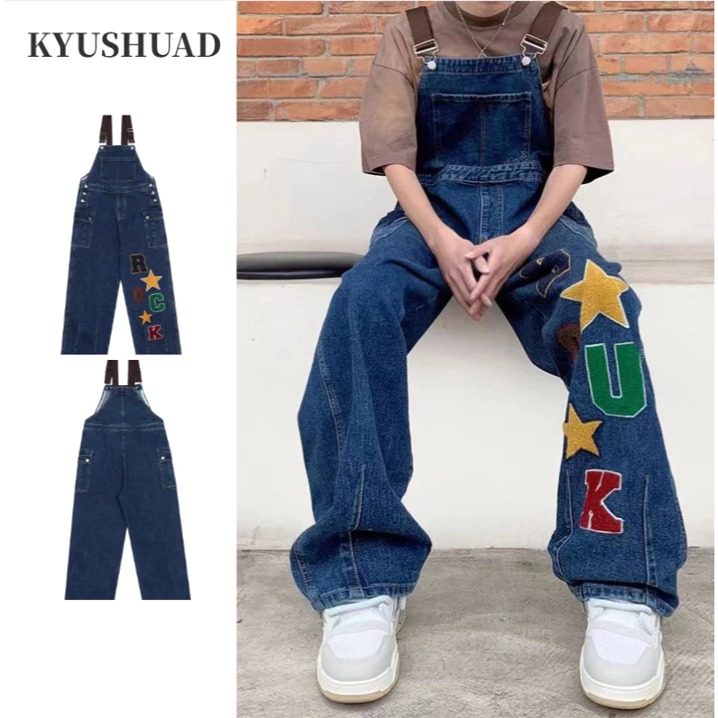 KYUSHUAD กางเกงขายาวทรงหลวมแบบสบาย ๆ แมทช์ได้ทุกแบบ, ดีไซน์การปักตัวอักษรสไตล์อเมริกันเรโทรสตรีทให้ความรู้สึกยีนส์หลวมสำหรับผู้ชายและผู้หญิง,