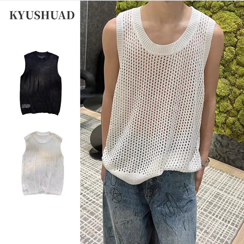 KYUSHUAD  เสื้อกั๊กถักตาข่ายแบบกลวงระดับไฮเอนด์สำหรับผู้ชายเสื้อกั๊กเสื้อกีฬาแขนกุดบาง ๆ