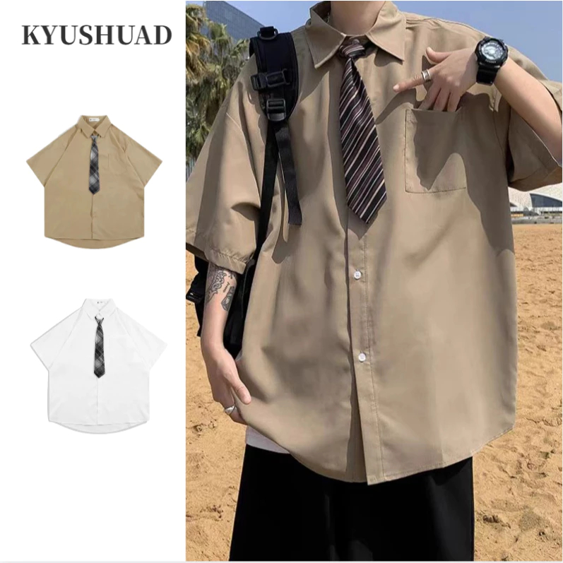 KYUSHUAD เสื้อเชิ้ตแขนสั้น ทรงหลวม ขนาดใหญ่ สีน้ําตาล สไตล์วินเทจ สําหรับผู้ชาย
