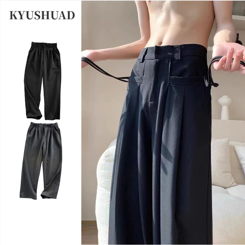 KYUSHUAD ขี้เกียจแฟชั่นสบายๆตรงหล่อกางเกงใหม่,เทรนด์แฟชั่นเยาวชนกางเกงขายาวสีทึบ，