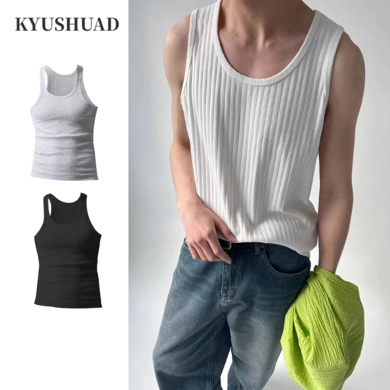 KYUSHUAD เสื้อกั๊กผู้ชาย เรียบง่าย สีพื้น แถบหยาบ อเนกประสงค์ เวอร์ชั่นเกาหลี ฤดูร้อน พื้นฐาน แขนกุด beix