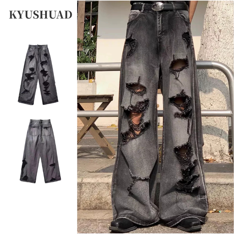 KYUSHUAD กางเกงขายาวดีไซน์เฉพาะสำหรับฮิปฮอปที่เข้าคู่กัน เทรนด์ไฮสตรีทของอเมริกาทั้งชายและหญิงที่มีกางเกงยีนส์ขาดสไตล์เดียวกัน