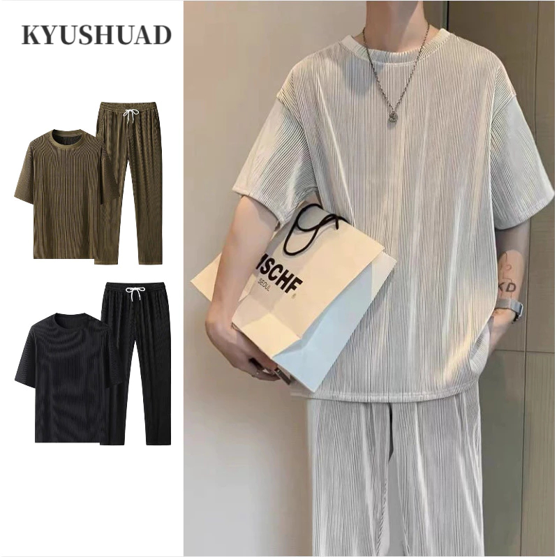 KYUSHUAD ชุดสูทกางเกงแขนสั้นผ้าไหมน้ำแข็งของผู้ชาย, ชุดสูทสองชิ้นเย็นขนาดใหญ่และหลวม,
