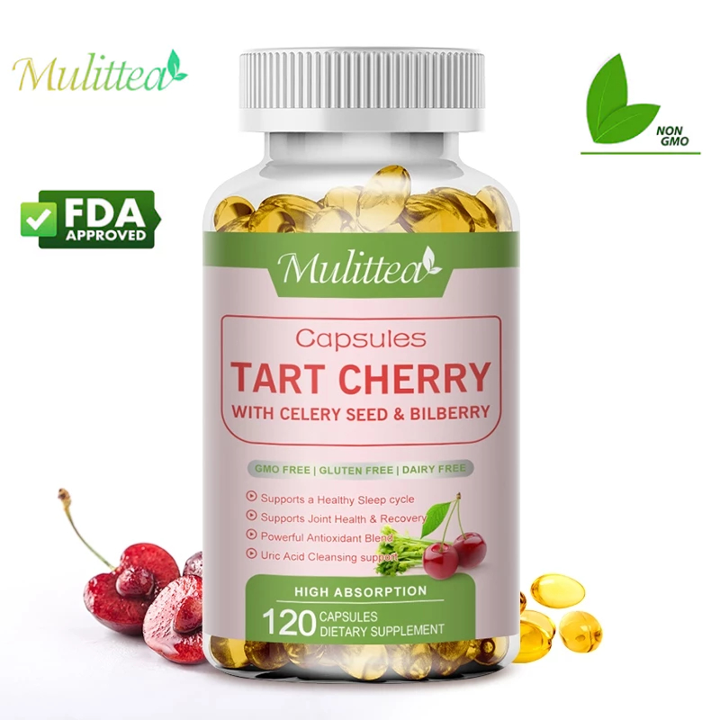 Mulittea Tart Cherry Capsules เชอร์รี่เปรี้ยว เอสเซ้นน้ําผลไม้ธรรมชาติ 5000 มก. บรรเทาอาการปวด ฟื้นฟูกล้ามเนื้อ กรดยูริก