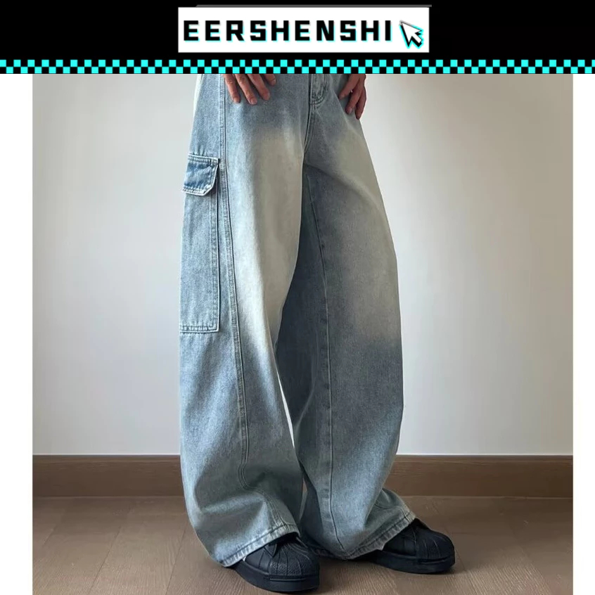 EERSHENSHI กางเกงยีนส์ผู้ชายสไตล์อเมริกันย้อนยุคทรงหลวมลำลองกระเป๋าใหญ่ขากว้าง