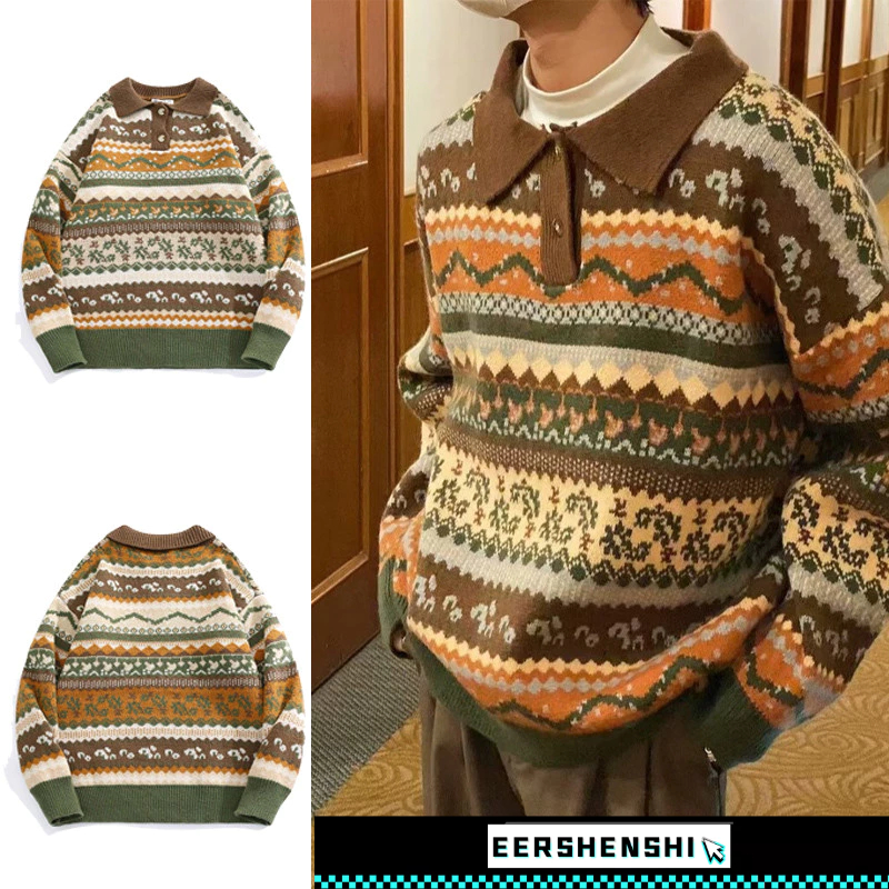 EERSHENSHI เสื้อกันหนาวผู้ชายอินเทรนด์สไตล์ญี่ปุ่น อิน ใหม่คริสต์มาสปกฤดูใบไม้ร่วงฤดูหนาวเสื้อกันหนาวอารมณ์ ป่า
