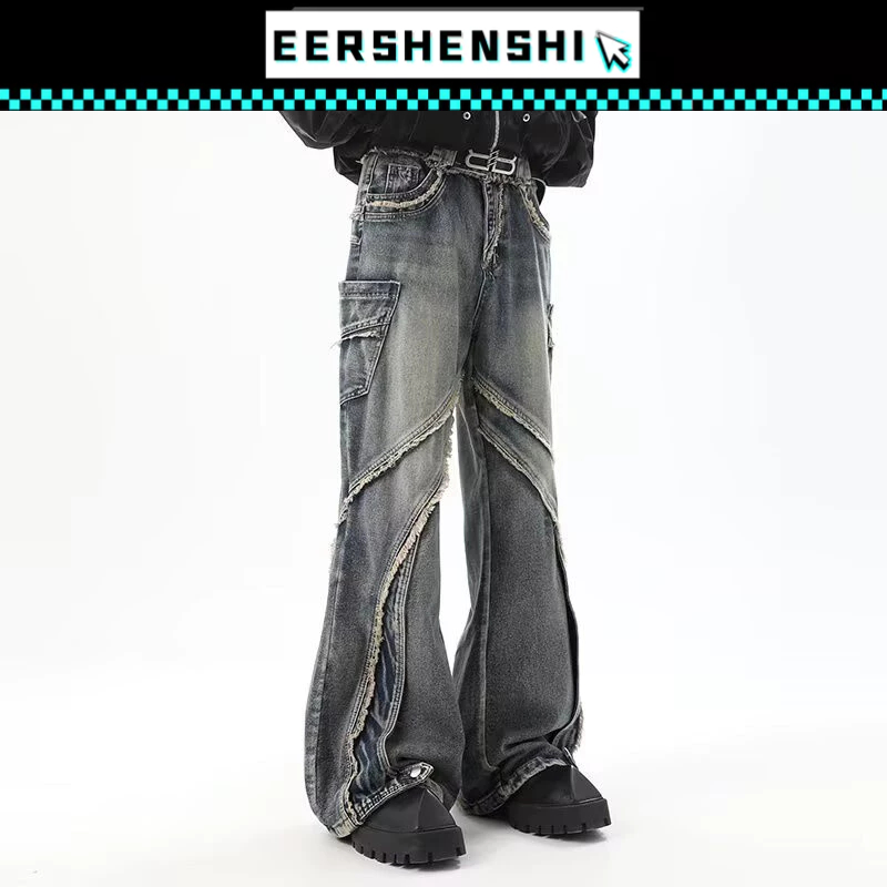 EERSHENSHI กางเกงยีนส์ผู้ชาย กางเกงยีนส์ปะติดปะต่อสไตล์ย้อนยุคแบบอเมริกัน เรียบง่าย สไตล์ฮาราจูกุ