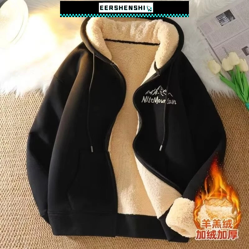 EERSHENSHI เสื้อกันหนาวมีฮู้ดผู้ชาย เสื้อกันหนาว ใหม่ ขนแกะ-เรียงราย หนา หนังแกะ เสื้อหนาว อิน แฟชั่นแบรนด์