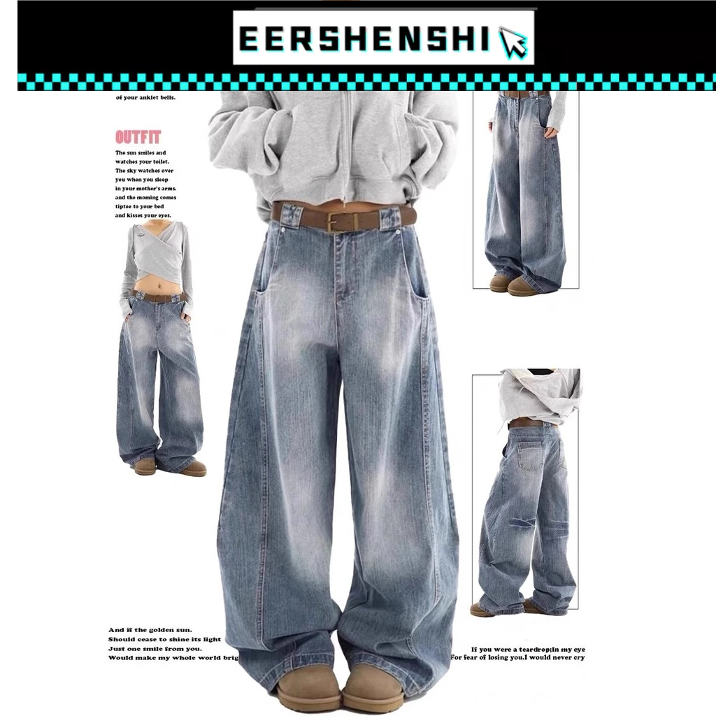 EERSHENSHIกางเกงยีนส์ผู้ชายลายสดใสขากว้างผู้ชายและผู้หญิงใหม่ของอเมริกันปักกางเกงลำลองหลวม