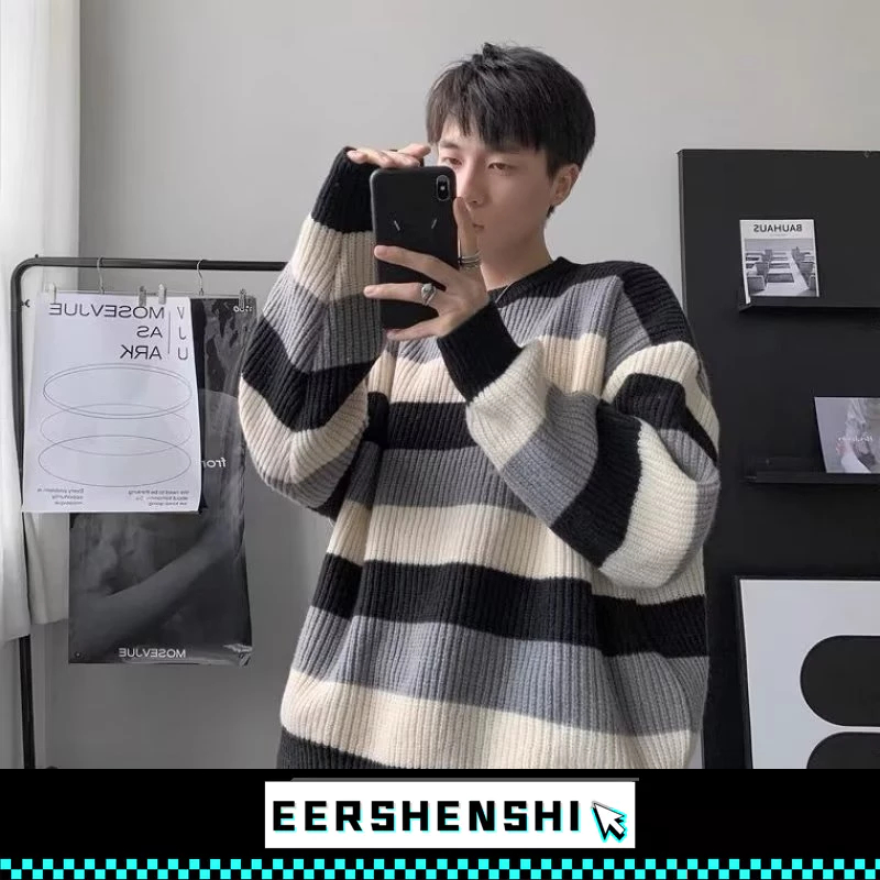 EERSHENSHI เสื้อกันหนาวผู้ชาย, ลายทางสไตล์ญี่ปุ่นและเกาหลีในฤดูใบไม้ร่วงและฤดูหนาว, แบรนด์แฟชั่นใหม่ INS สไตล์คอกลมถักเสื้อสเวตเตอร์ลําลองผู้ชาย