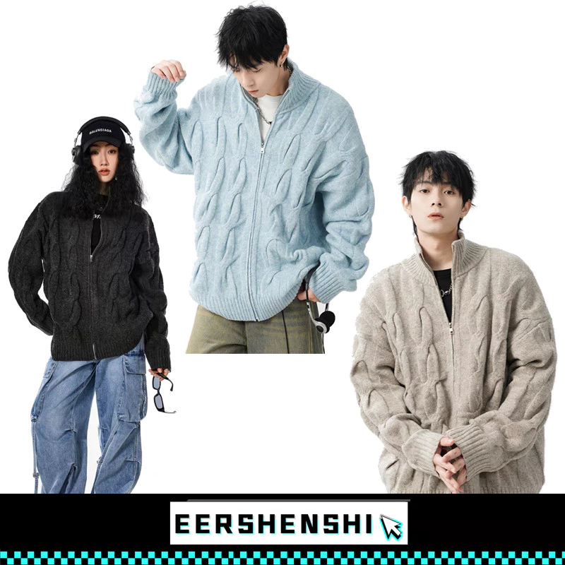 EERSHENSHI เสื้อกันหนาวผู้ชายวินเทจอเมริกันสีฟ้าบิดซิปคาร์ดิแกนคู่หลวมสบายๆแจ็คเก็ต