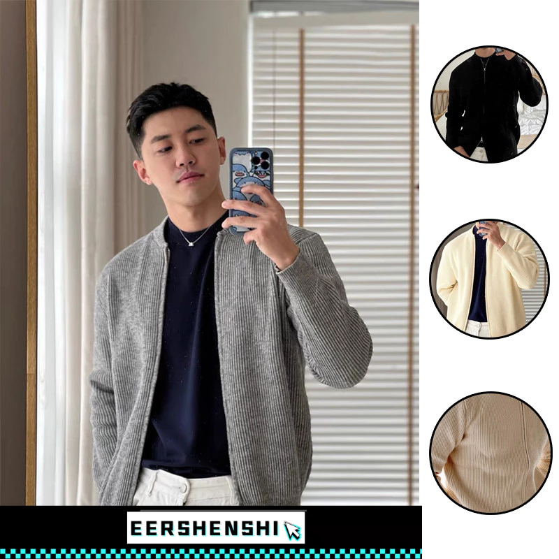 EERSHENSHI เสื้อสเวตเตอร์ถักผู้ชายเสื้อกันหนาวสีทึบถักเสื้อง่ายสบายๆเคลื่อนไหวแจ็คเก็ต