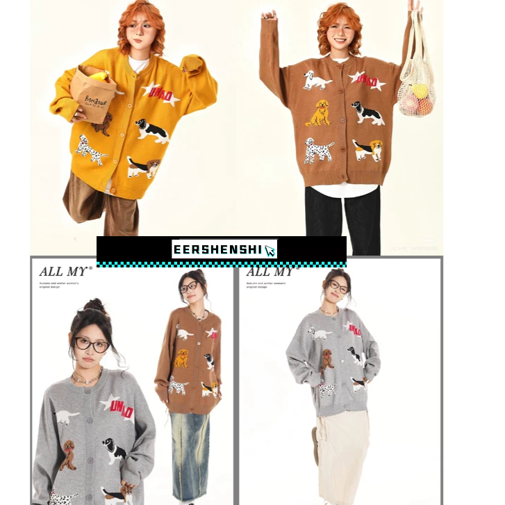 EERSHENSHI เสื้อกันหนาวผู้ชายเสื้ออเมริกันย้อนยุคสนุกการ์ตูนลูกสุนัขปักถักคาร์ดิแกนคู่สไตล์