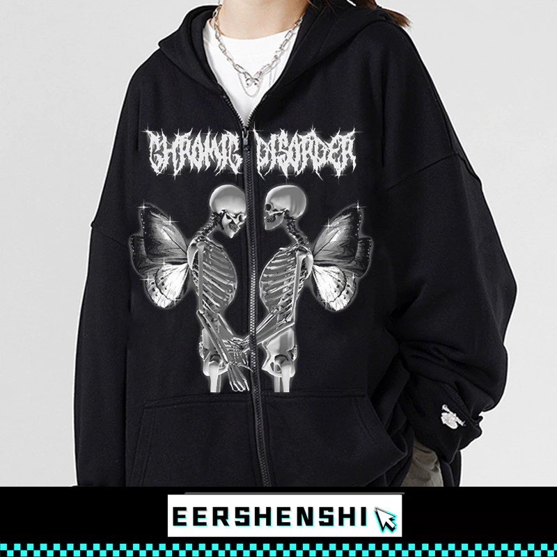EERSHENSHI เสื้อฮู้ดผู้ชายในสต็อกหัวกะโหลกคลุมด้วยผ้าซิปเสื้อกันหนาว