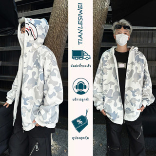 TIANLESIWEI เสื้อฮู้ดผู้ชาย เสื้อสเวตเตอร์ลายฉลามมีซิปสองฮู้…