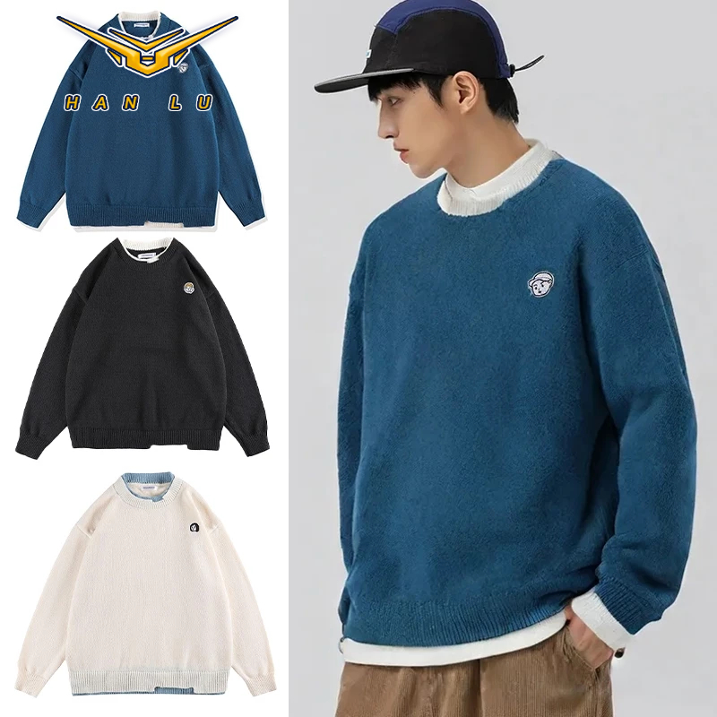 HANLU เสื้อกันหนาวเสื้อกันหนาวผู้ชายสีทึบเรียบง่ายสไตล์เกาหลีนักเรียนสีคมชัดด้านบนหลวม
