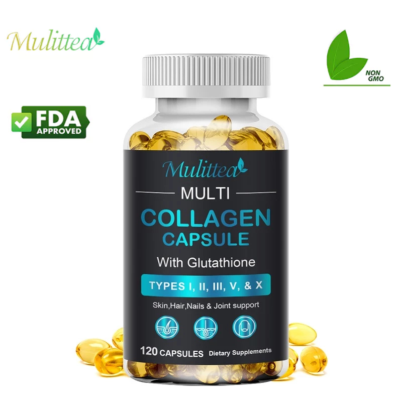 Mulittea Collagen & Glutathione Capsules คอลลาเจน & กลูตาไธโอน การลดน้ำหนักผิวตามธรรมชาติ & รอยแผลเป็นจากสิว & การกำจัดจุดด่างดำพร้อมผลการต่อต้านวัยและสารต้านอนุมูลอิสระ, ผิวหนัง & ผม & เล็บ & การสนับสนุนข้อต่อ