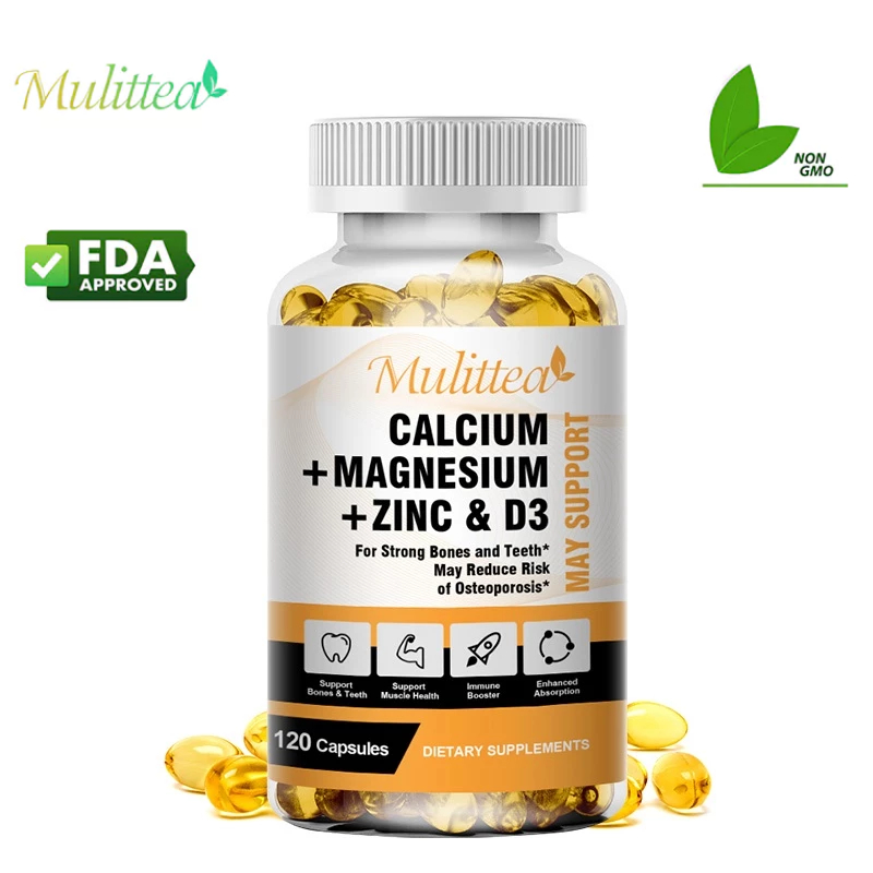 Mulittea Calcium + Magnesium + Zinc & Vitamin D3 Capsules แคลเซียม + แมกนีเซียม + สังกะสี + วิตามิน D3 เพื่อกระดูกและฟันที่แข็งแรง อาจลดความเสี่ยงของกระดูกพรุนได้