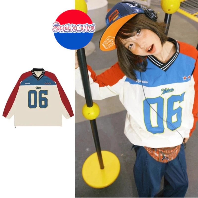 SUIKONE Suikeone อเมริกัน high street V คอแฟชั่นเสื้อฮู้ดดิจิตอลฤดูใบไม้ร่วง patchwork สี contrast เสื้อกีฬาแขนยาว