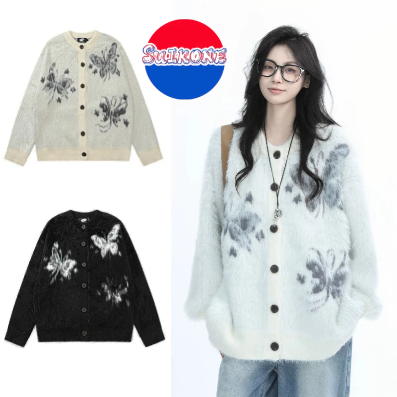 SUIKONE Suikeone ฤดูใบไม้ร่วงวินเทจ preppy ผีเสื้อมือวาด jacquard faux sable เสื้อกันหนาวเสื้อกันหนาวอเมริกันสําหรับผู้ชายและผู้หญิง
