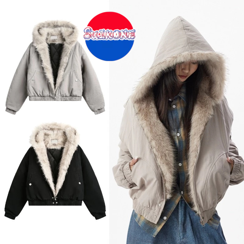 SUIKONE ซุยโคเนะ อเมริกันย้อนยุคคลีนฟิตขนปกหนาแจ็คเก็ตฤดูหนาวผู้ชายและผู้หญิงแจ็คเก็ตผ้าฝ้ายอบอุ่น