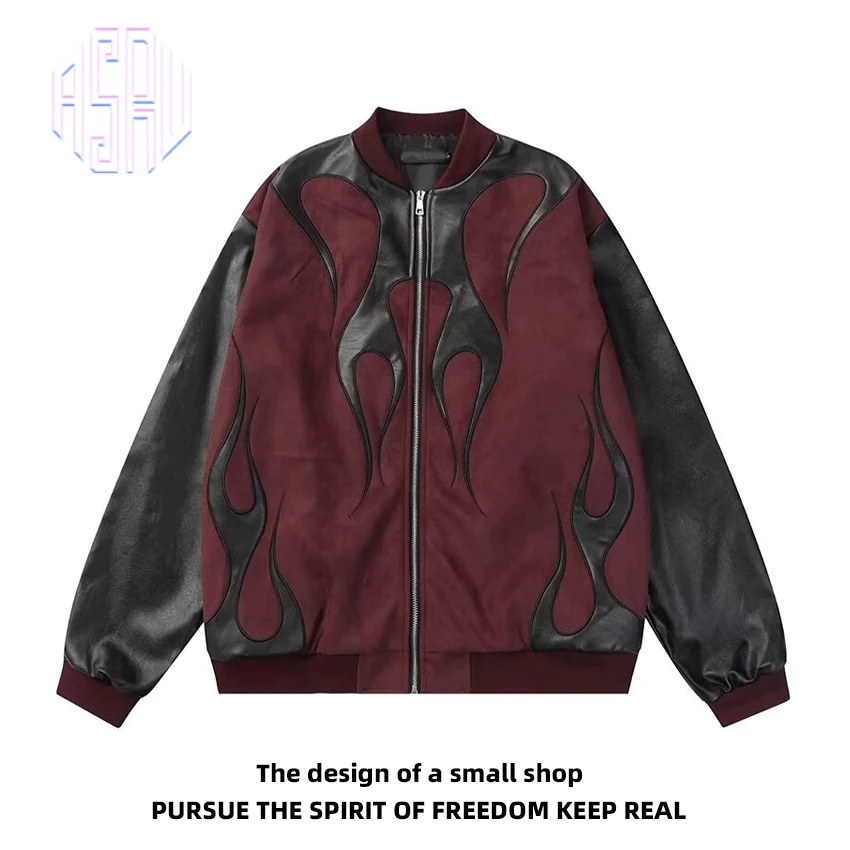 Asrv ฤดูใบไม้ร่วงย้อนยุคผู้ชายและผู้หญิงหนัง ปู่ เปลวไฟเย็บแจ็คเก็ตสีคมชัดอเมริกัน สูง ถนน แจ็คเก็ต