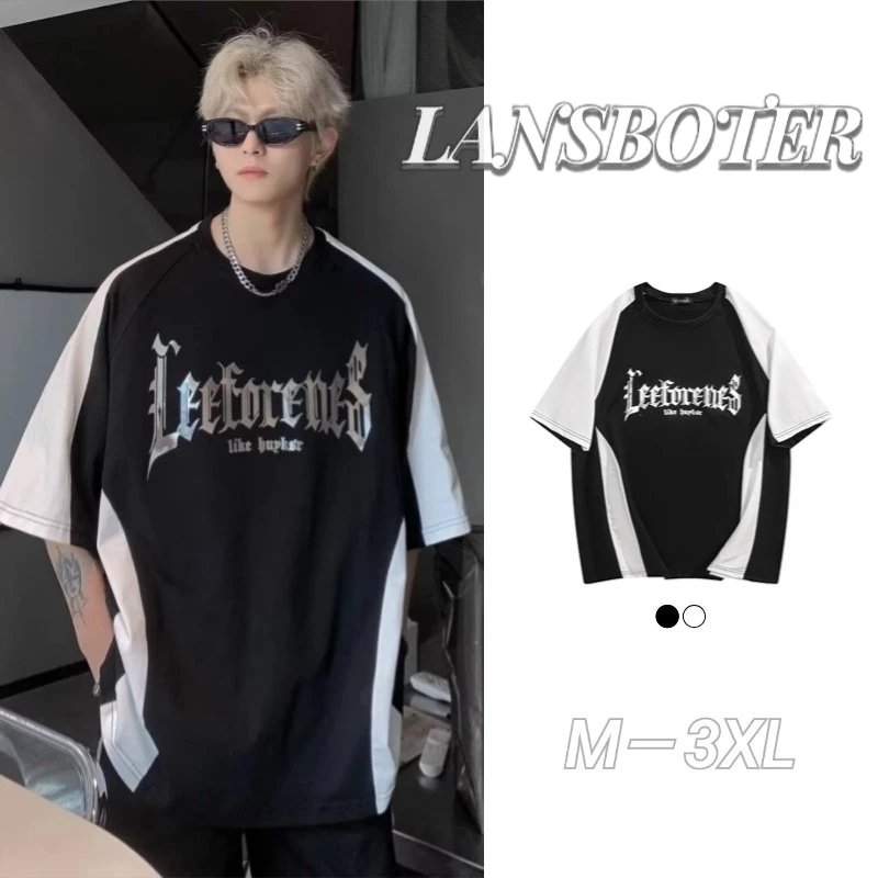 LANSBOTER เสื้อยืดผู้ชายฤดูร้อนอเมริกันย้อนยุค High Street Letter Retro สะท้อนแสงหล่อแขนสั้นด้านบน