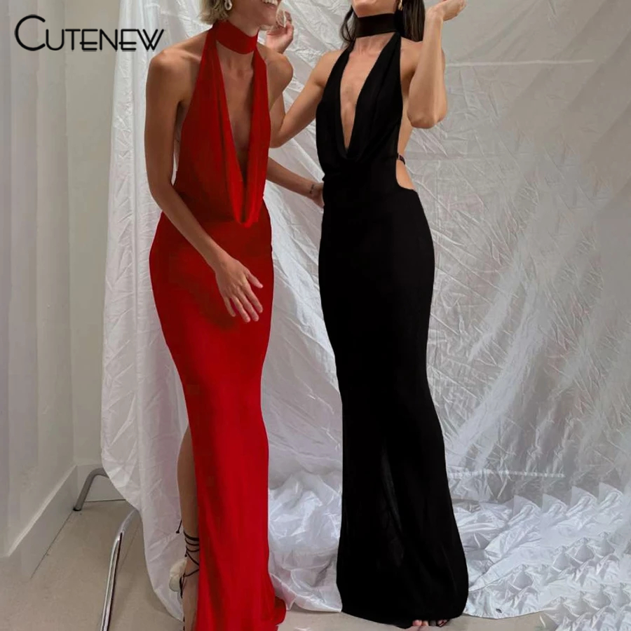 Cutenew ชุดเดรสแม็กซี่เซ็กซี่ Halter Off แขน Deep V Backless Skinny Wrap ก้นบุคลิกภาพ Hot Chick ดูทินเนอร์สไตล์บรรยากาศอเนกประสงค์