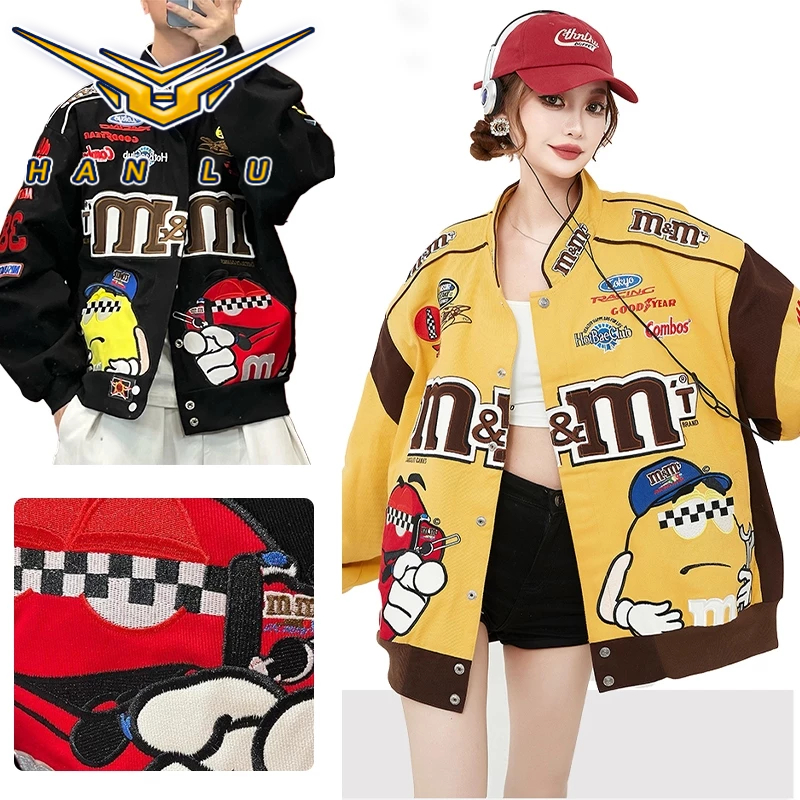 HANLU เสื้อแจ็คเก็ตย้อนยุคอเมริกันผู้ชาย ม & แอมป์; ม ถั่วการ์ตูนพิมพ์เสื้อผ้ามอเตอร์ไซค์มีสไตล์