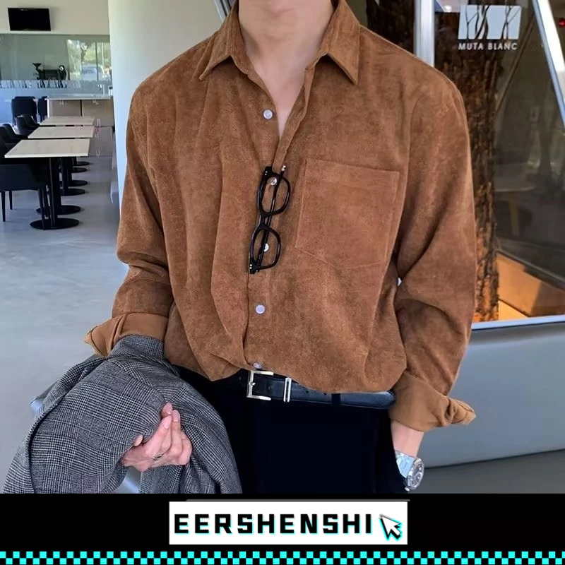 EERSHENSHI เสื้อเชิ้ตผู้ชายสไตล์กระโหลกผ้าลูกฟูกเสื้อโค้ทสไตล์เกาหลีใหม่