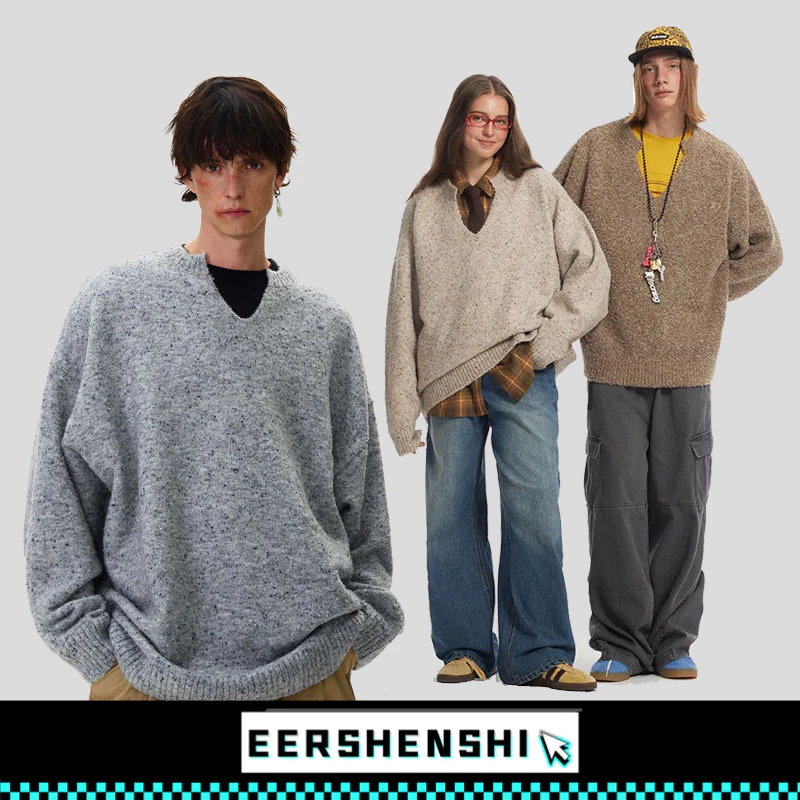EERSHENSHI เสื้อกันหนาวผู้ชายฤดูใบไม้ร่วงและฤดูหนาวสีทึบคอวีเสื้อกันหนาวหลวมทุกการแข่งขันแฟชั่นท็อปส์