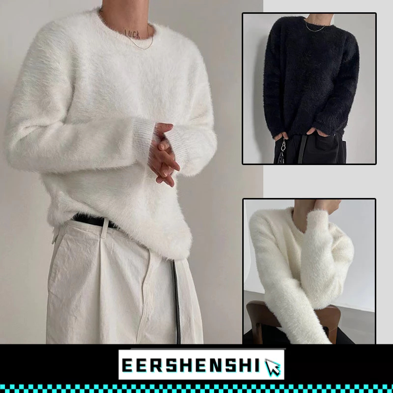 EERSHENSHI เสื้อไหมพรม เสื้อกันหนาวผู้ชายฤดูใบไม้ร่วงและฤดูหนาวสไตล์เกาหลีหลวมสีทึบด้านบนรอบคอหนา
