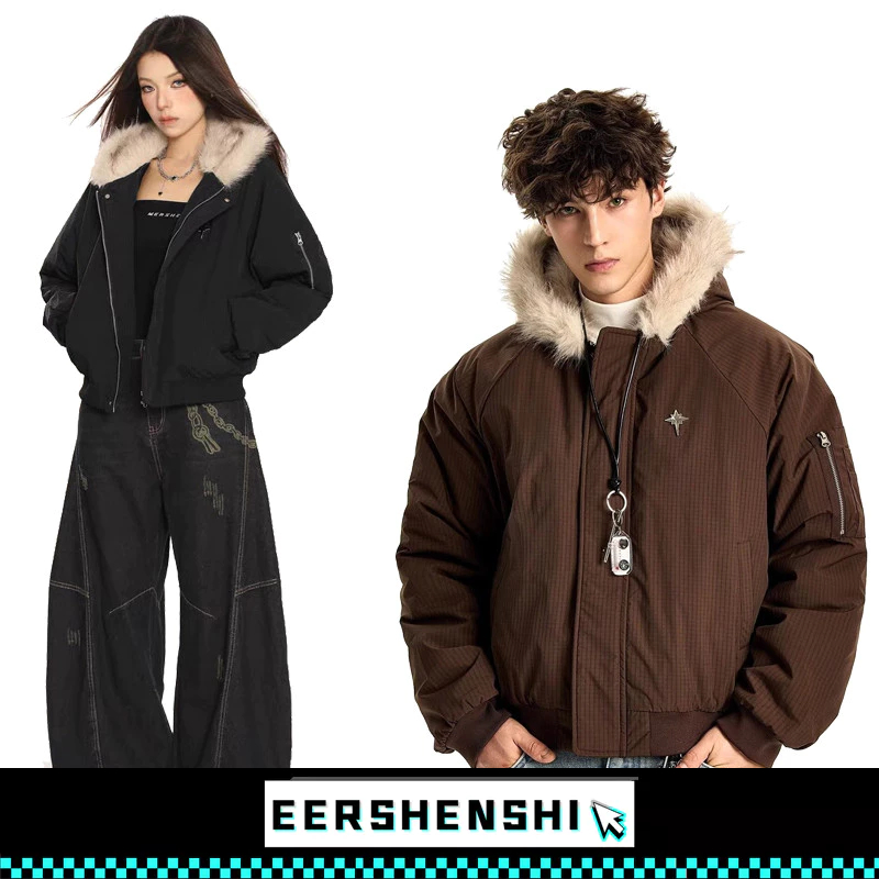 EERSHENSHI ผู้ชายผ้าฝ้ายเสื้อขนสัตว์ผู้ชายและผู้หญิงฤดูหนาวอเมริกันRetroหนาเสื้อแจ็คเก็ตมีฮู้ด