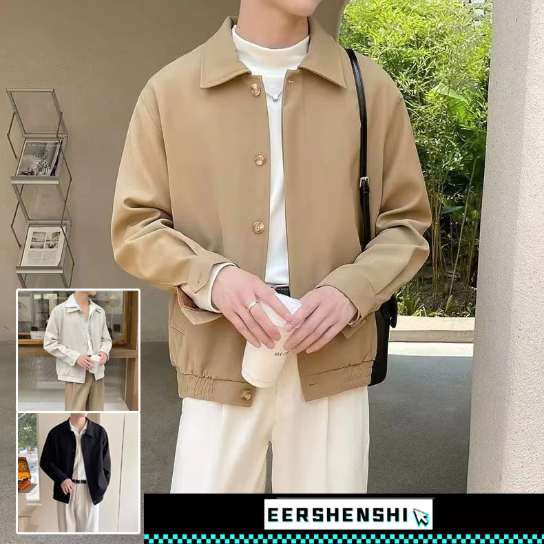 EERSHENSHI เสื้อแจ็คเก็ตผู้ชายคอปกโปโลสีทึบสั้นสไตล์เกาหลีอเนกประสงค์ลําลองในสต็อกด้านบน