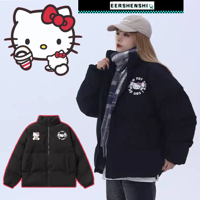 EERSHENSHI ฤดูหนาวอเมริกันย้อนยุคคิตตี้ยืนปกปักเป้าแจ็คเก็ตเสื้อ ยู นิสซ์ หนาคู่ผ้าฝ้าย-เบาะ เสื้อผ้า